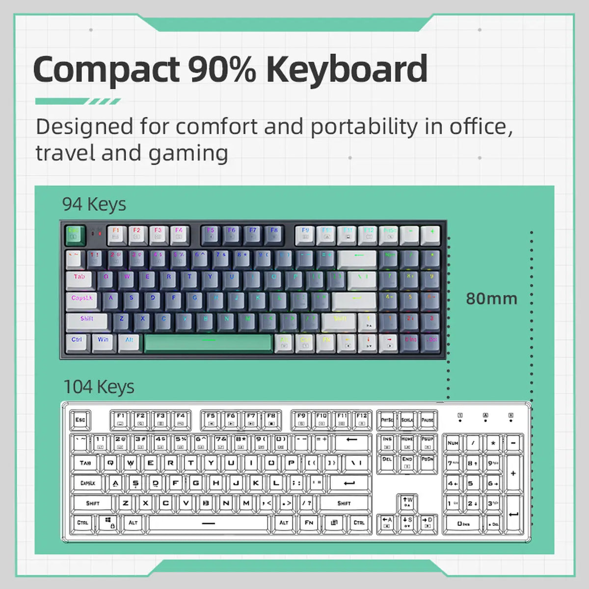 Machenike K500-B94 90% Mechanical Wired Keyboard, QWERTY US layout, Brown Switch RGB Gray