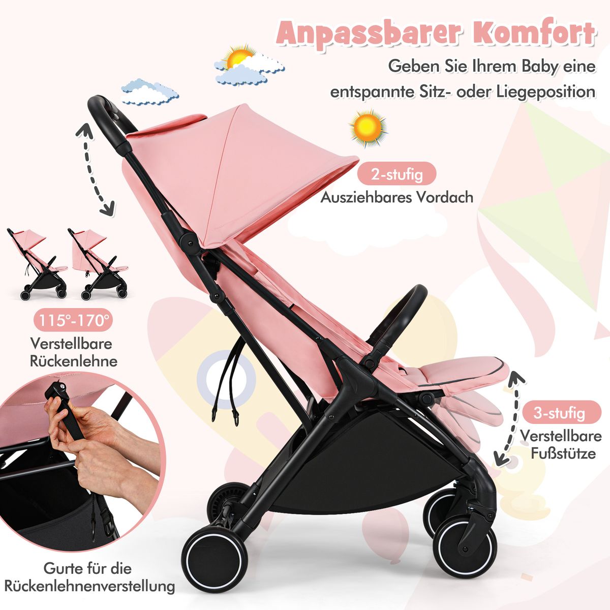 Coast Kinderwagen - inklapbaar reisbuggy - verstelbare rugleuning en voetsteun - roze