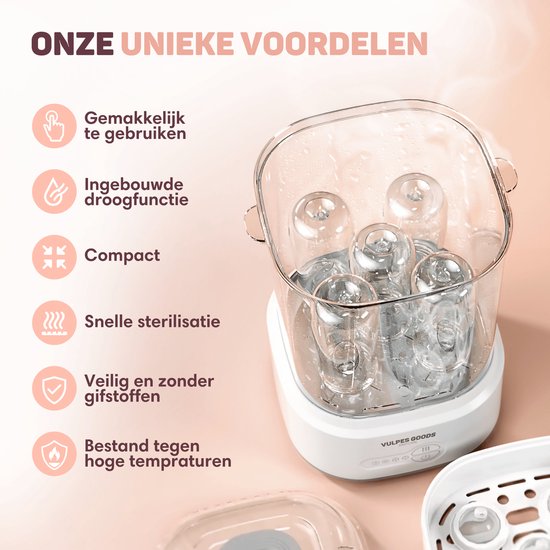 Vulpes Goods® BabyCare - 5-in-1 Flessen Sterilisator Elektrisch - Stoomsterilisator met Droogfunctie - Fles Sterilisator PRO - Incl. Schoonmaakset