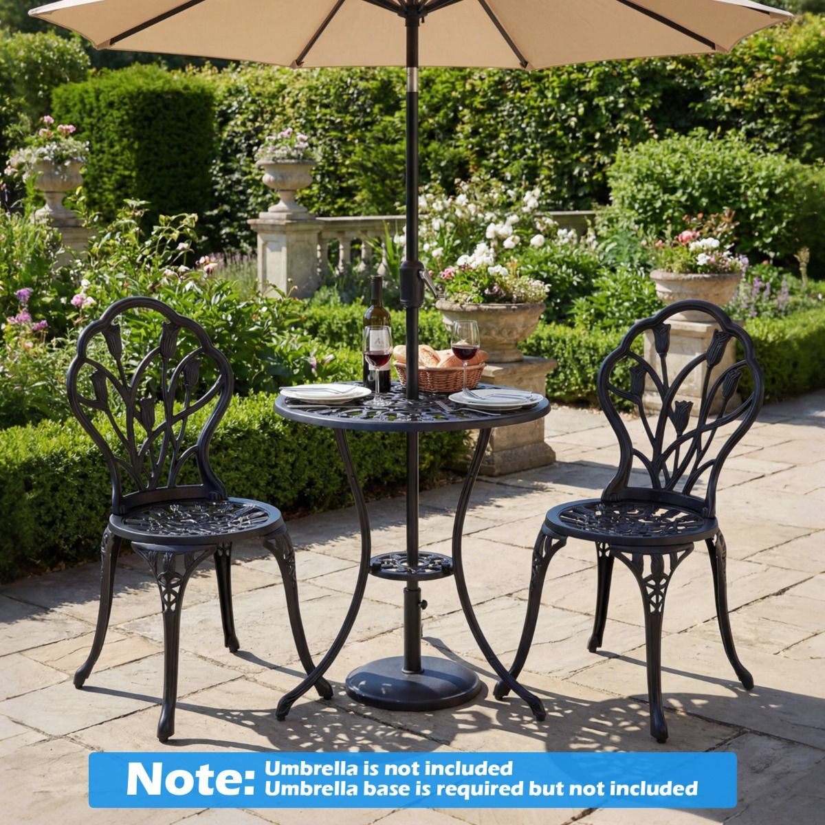 Coast tuinset van gegoten aluminium - 3-delig - met parasolgat - zwart
