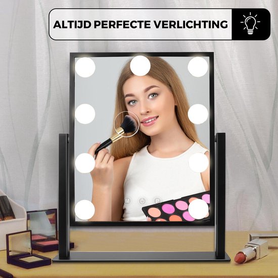 Bayt - Spiegel met Verlichting - Hollywood Spiegel met verlichting - Make up Spiegel met verlichting - Dimbaar - 10x Vergroting - 36 x 30 cm - Zwart