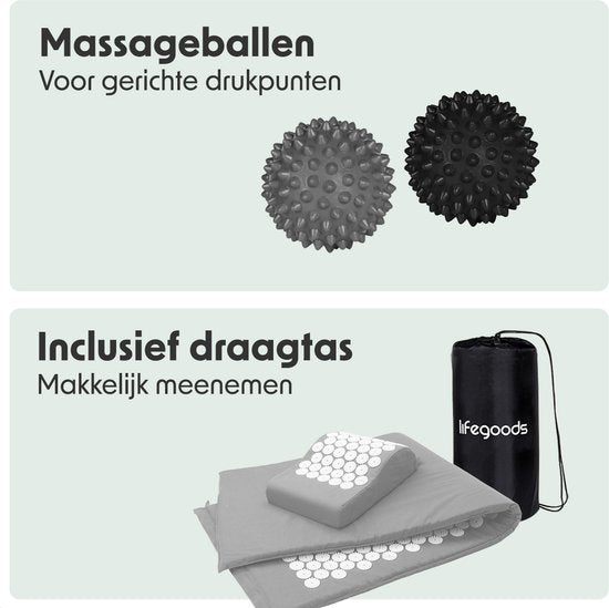 LifeGoods Acupressuur Mat XL - 128x48x2cm - Spijkermat met Kussen - Shakti mat - Spijkerbed Incl. 2x Triggerpoint Bal - Grijs/Wit