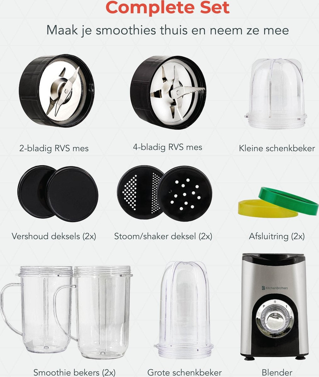 KitchenBrothers Smoothie Blender - 2-in-1 Mini Blender - 4 Bekers - Zilver