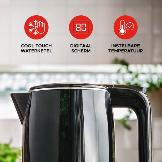 Cool Touch Digitale water koker geschikt voor babyvoeding - 1.7L - Aluminium - BPA vrij - 1800W - 15x22x28 cm - Zwart