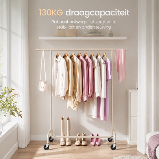 O'DADDY® Kledingrek - Kledingrek op Wieltjes - Kledingrek metaal - Kleding rek - Kledingrekken - Garderoberek - Kledingstang - Kledingrek - Uitschuifbare Kledingstang - Verstelbare Hangstang - Stabiel tot 130 kg - Beige