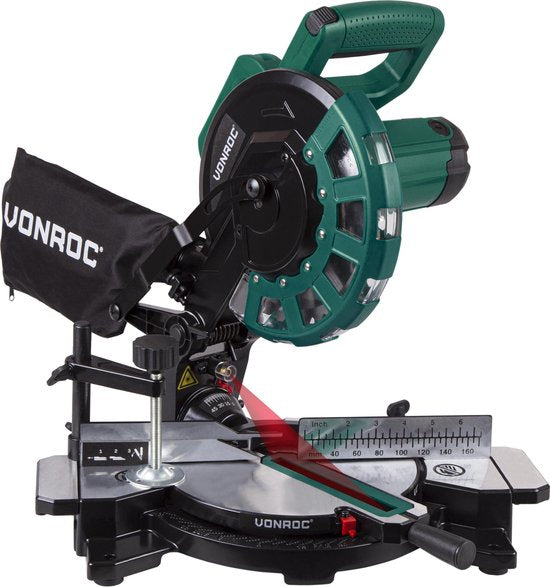 VONROC Afkortzaag – Elektrisch, Met Laser & Ø216 mm Zaagblad – 1700 W – 79 x 46,5 x 36 cm – Zilver/Zwart