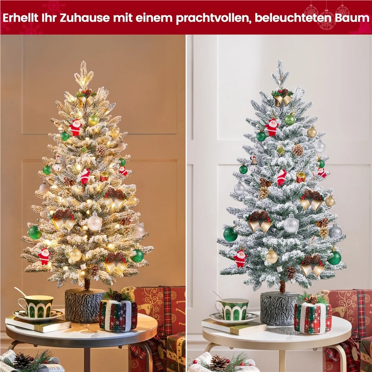 Yaheetech Tafelkerstboom Met Sneeuw En Verlichting – Φ55 x 92 cm – Voorzien Van 355 Takken En 50 LED-Lampjes En Realistische Boomstam – Voor Vensterbank En Buiten – Groen PVC En Metaal