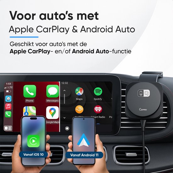 CarMe 4-in-1 CarPlay Dongle Pro - Met Draadloze Oplader - Draadloos CarPlay & Android Auto - Android Auto Dongle - MagSafe Autohouder - Zwart