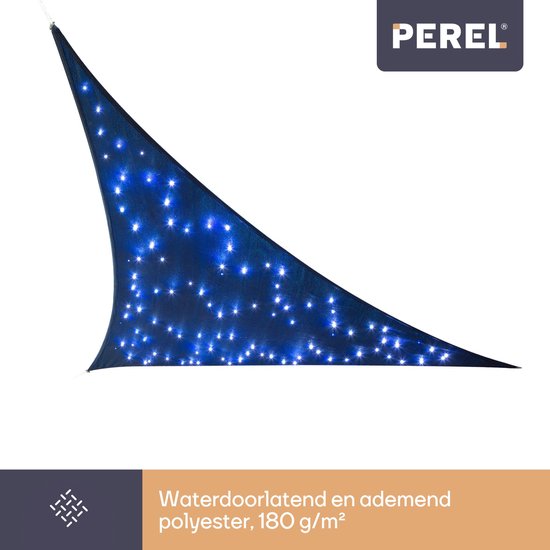Perel Schaduwzeil met 100 leds, sterrenhemel, luifel voor tuin terras, schaduwdoek, waterdoorlatend, 90 % uv-bescherming, 3 roestvrijstalen ringen, 3.6 x 3.6 x 3.6 m, 180 g/m², HDPE, driehoek, donkerblauw