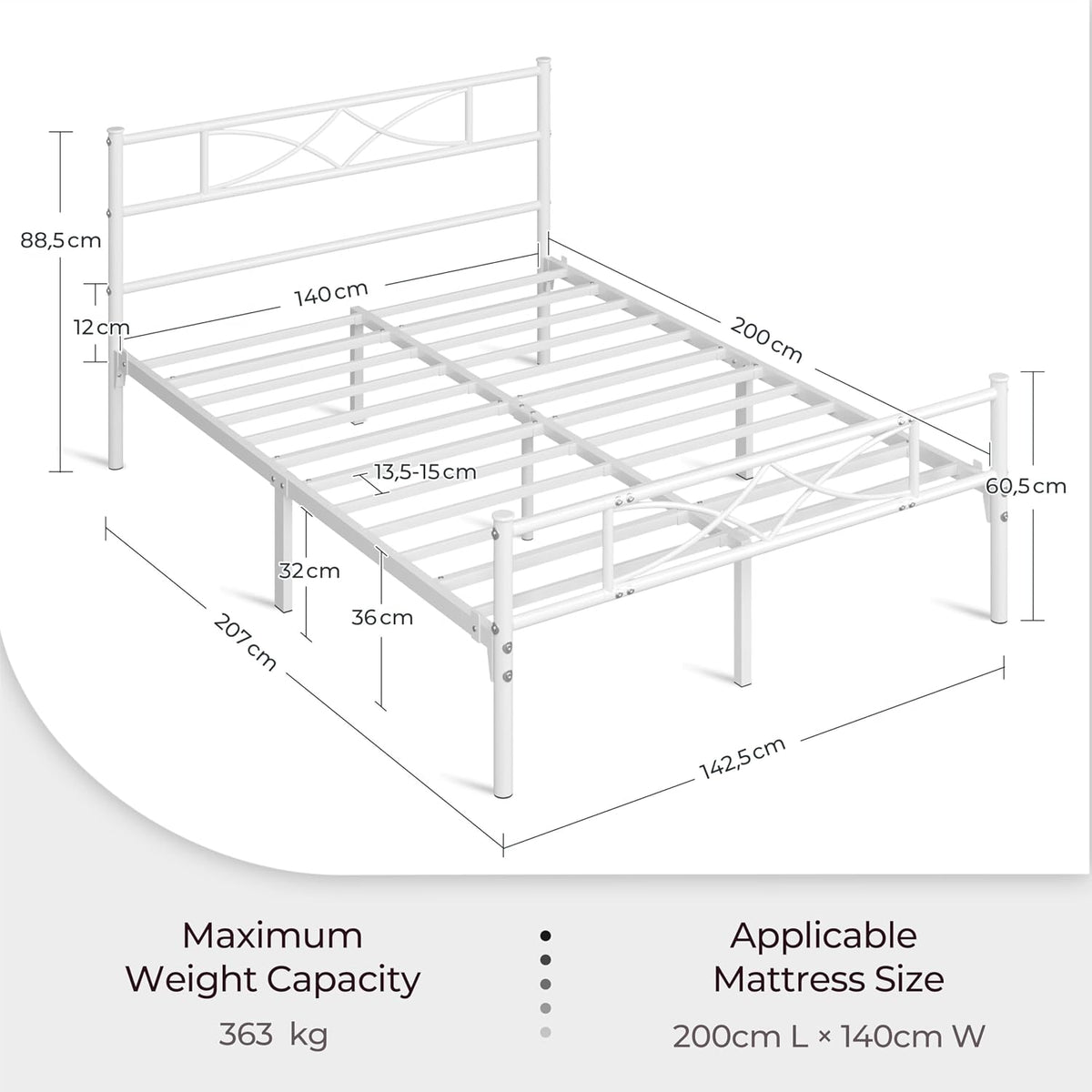 Yaheetech Metalen bedframe - Hoofdbord met kruisdesign - 140 x 200 cm - Wit