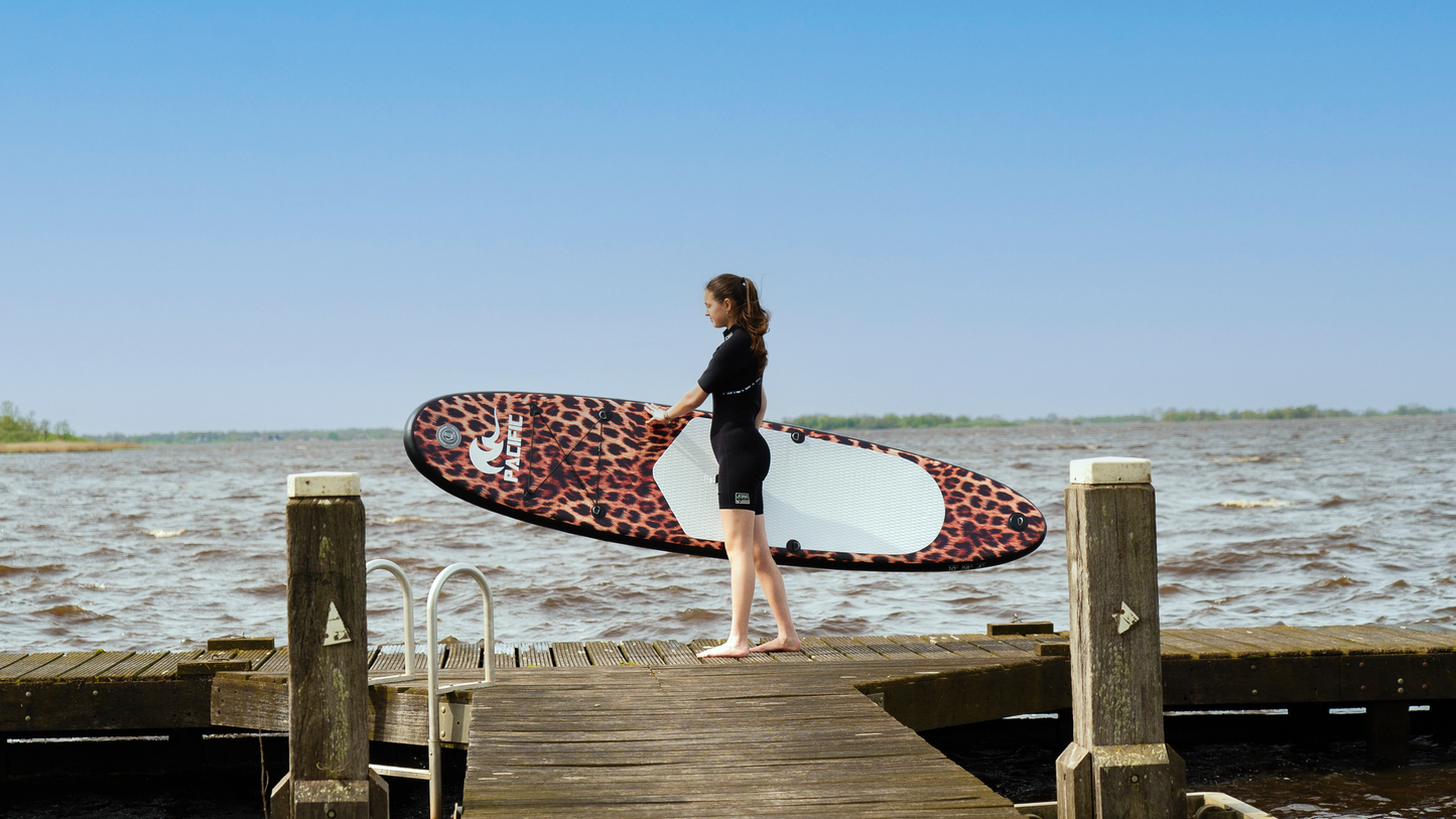 Pacific Special Edition Sup Board - Opblaasbaar Paddle Board - Extra Stevig - 305 cm - Complete Sup Pakket - max 100 kg - Panterprint wit