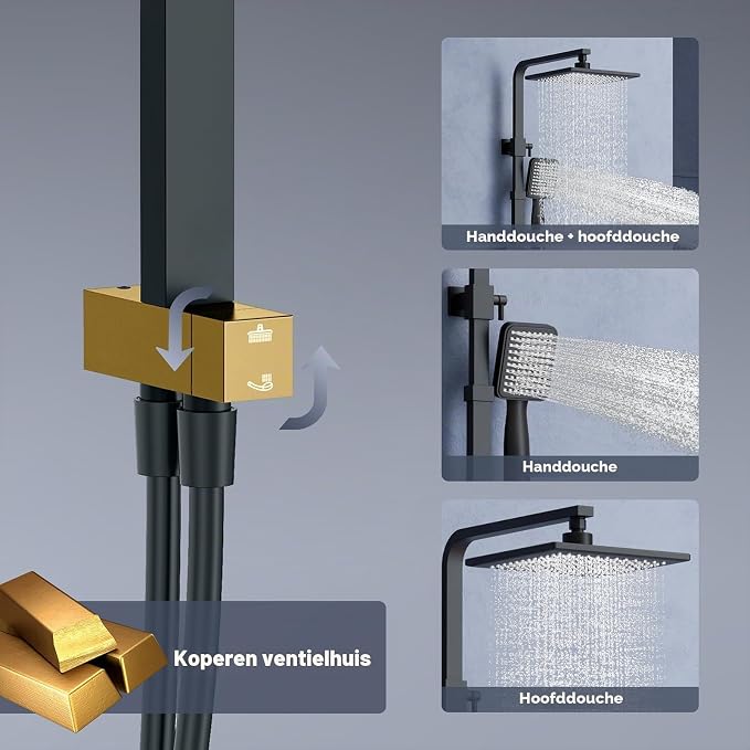 HOMELODY Regendoucheset Zonder Kraan – 20 x 20 cm Hoofddouche – Handdouche – Verstelbare Douchestang – Zwart