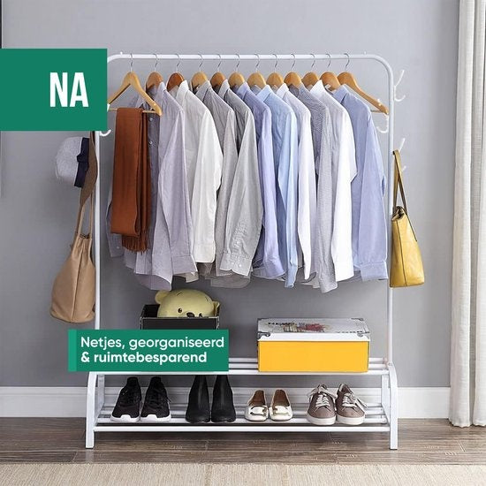 Avalo Industrieel Kledingrek - Metaal - 110x33x150 CM - Wit - Opbergruimte Voor Schoenen - Garderoberek Met Haken