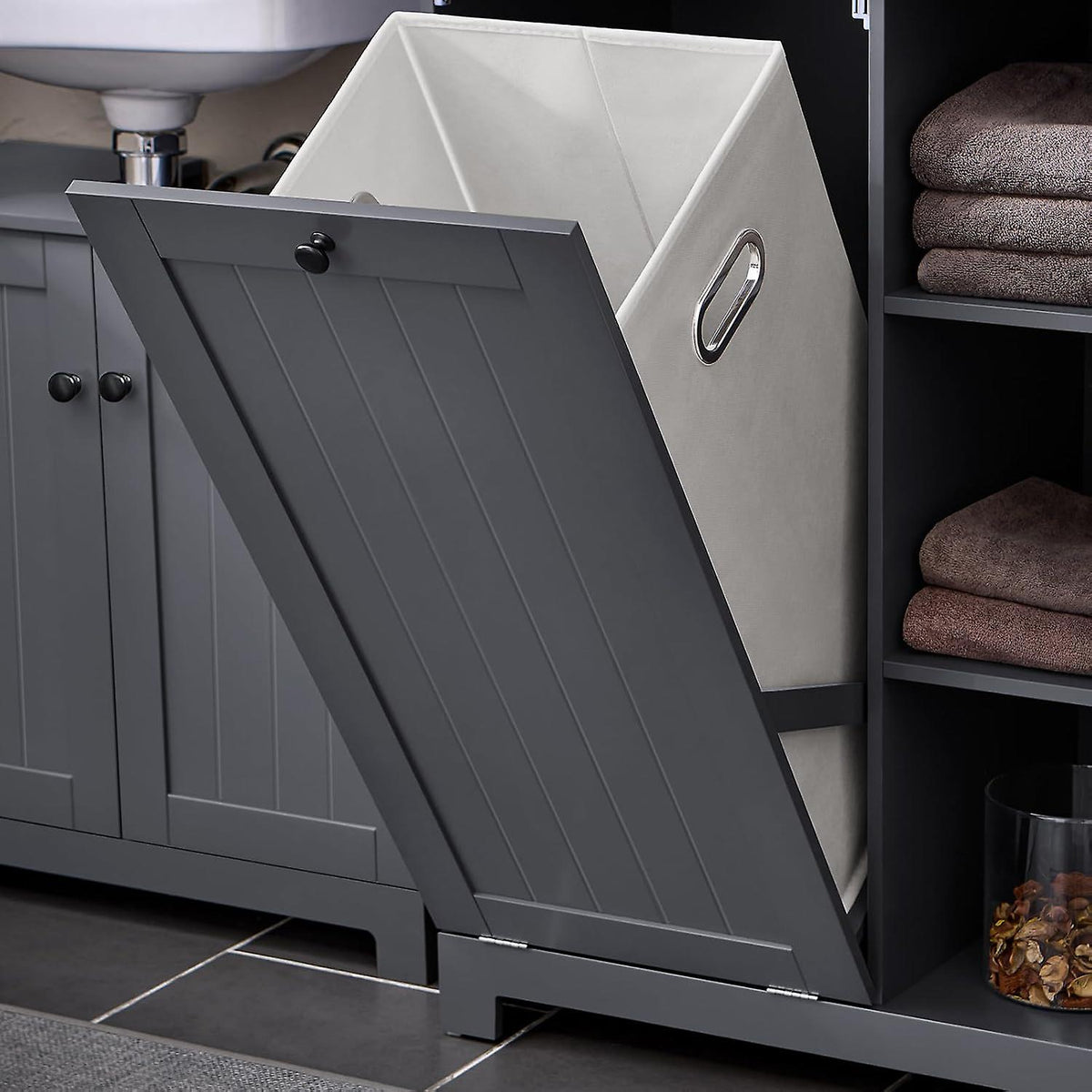 Sobuy Badkamer Kast met Wasmand - Zwart - 60x37x170 cm
