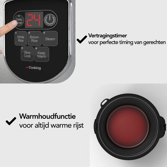 Aviro Rijstkoker - Slowcooker - 1,8L - 7 Functies - Warmhoudfunctie - Rice Cooker - Anti Aanbaklaag - Multicooker - 2-10 Personen - RVS