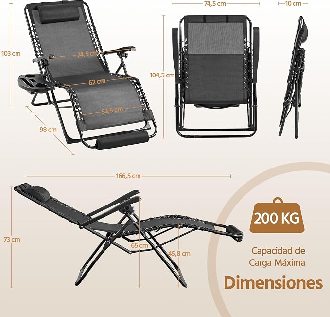 Yaheetech Zero Gravity Ligstoel Opvouwbaar - Zwart - Relaxstoel met Kussen, Voetensteun en Bekerhouder tot 200 kg