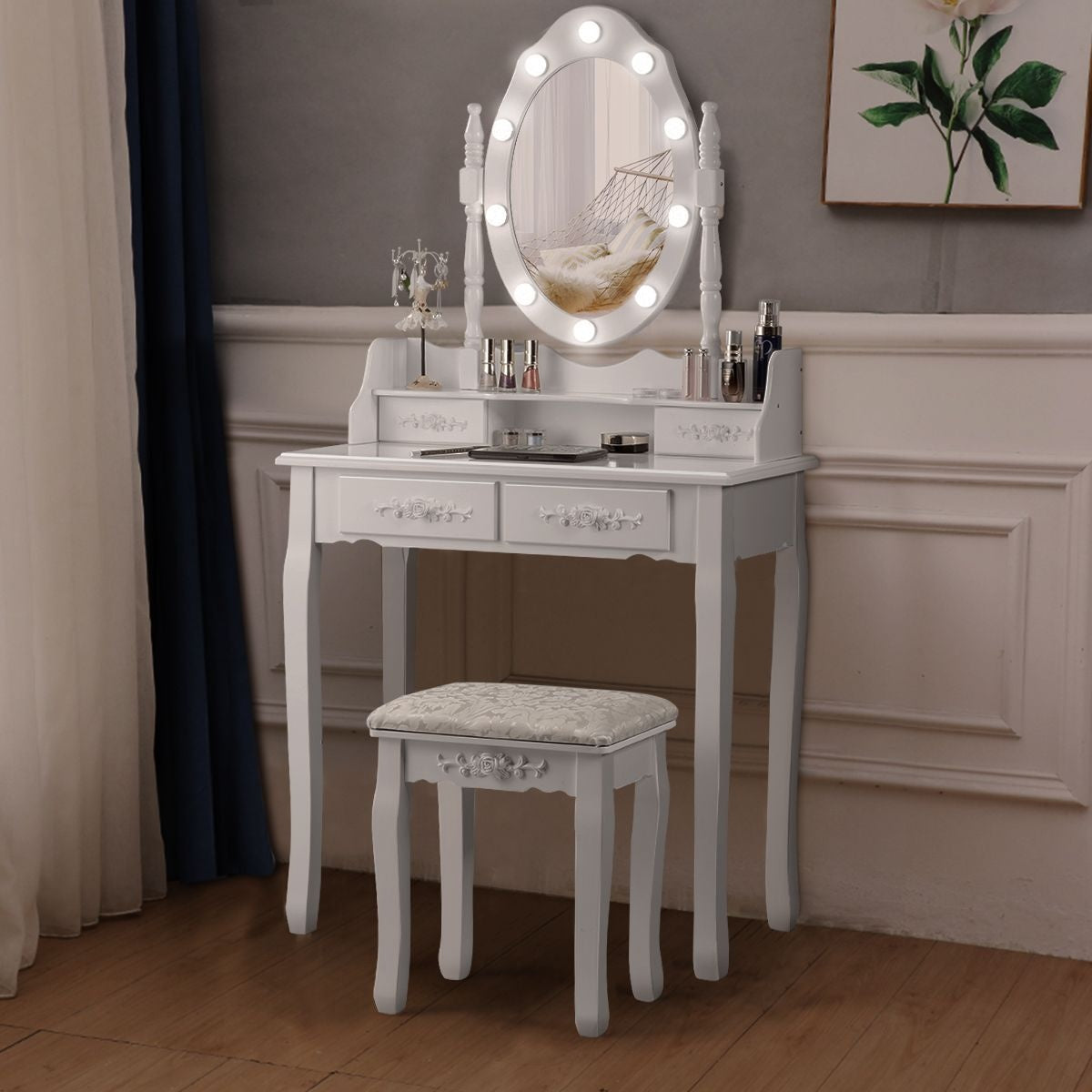 Coast Klassieke Kaptafel met Krukje - LED Lampen - Make up Tafel - 75 x 40 x 146cm - Wit
