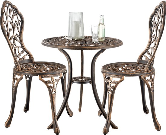 tectake® 2-Persoons Bistroset - Vintage Bistrotafel met 2 Bistrostoeltjes - Aluminium Bistro Set voor Tuin, Terras of Balkon - Weerbestendig - Bronskleurig