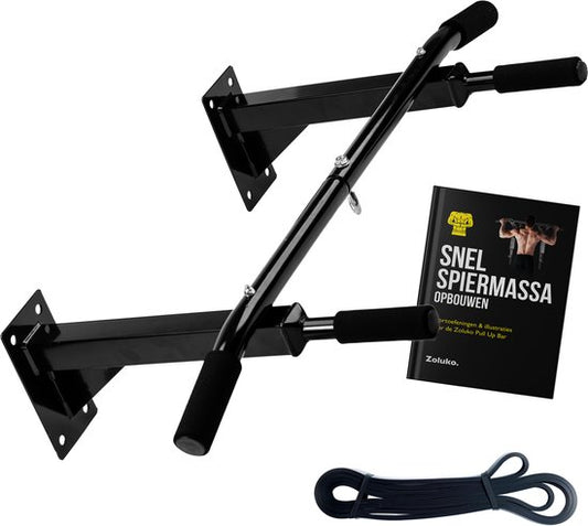 Zoluko Professionele Pull Up Bar Wandmontage - Incl. Weerstandsband Medium en E-book - 150kg Draagkracht - Eenvoudige Bevestiging - Optrekstang Fitness - Pull Up Station voor Thuis Sporten - Chin Up Bar - Zwart