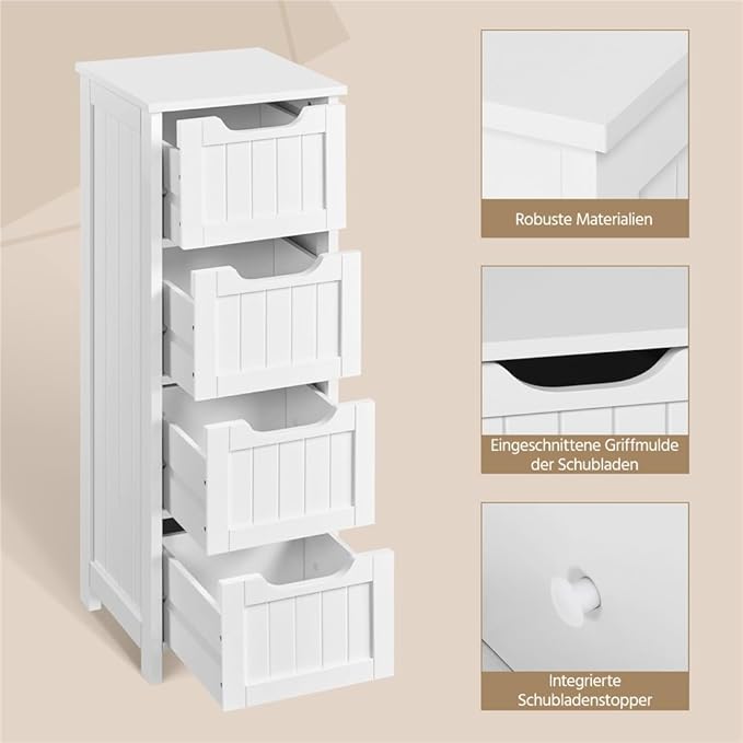 Yaheetech Badkamerkast 30 x 30 x 82 cm - Wit - Staande Opbergkast met 4 Laden