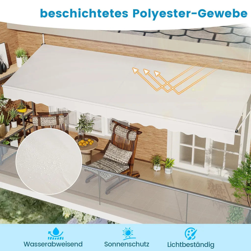Coast Klemmarkise 400 × 120 cm - Wit - Boorvrije Balkon Zonwering met Handslinger en Verstelbare Hoogte