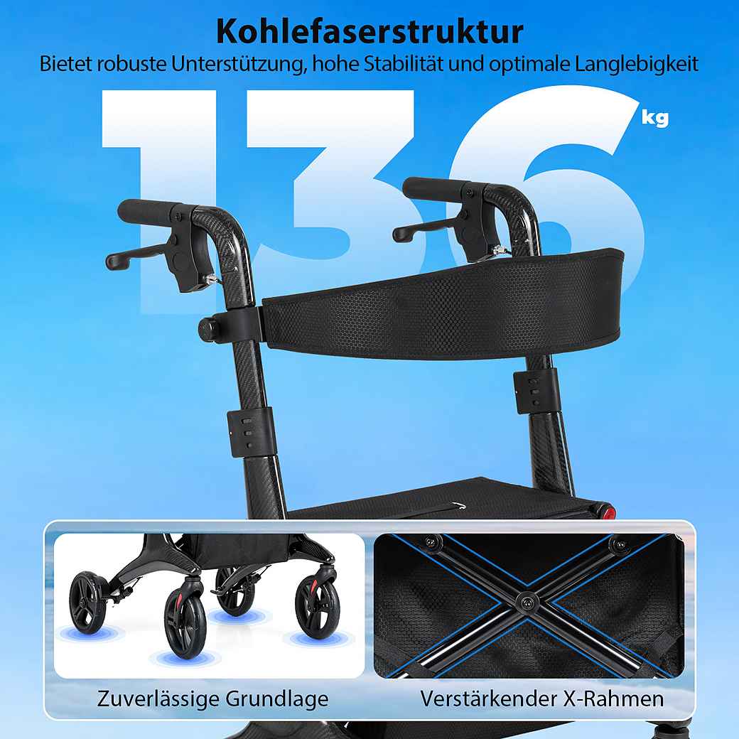 Coast Opvouwbare Rollator zwart – Ultralichte Carbon Loophulp met Zitje – 78 x 62 x 86-99 cm