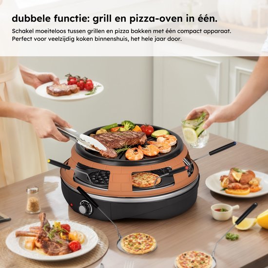Pizzaoven – Grill en Pizzaoven in Eén – Pizza Gourmet – Pizzaoven – Gourmetstel – Gourmet – Tot 300°C – Extra lange 2 meter Kabel – Grillplaat – Saaf