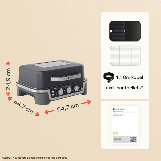 KitchenBrothers Elektrische BBQ en Smoker - Tafelmodel voor Balkon - 90°C tot 250°C - 2600W - Tafel BBQ - Met Kijkvenster
