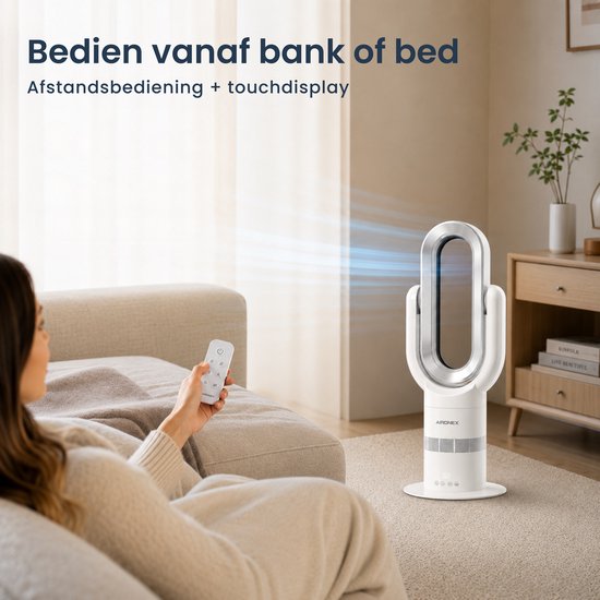 Aironex Swing Bladloze Ventilator met Verwarming – Ventilatorkachel – 2-in-1 Koelen & Verwarmen – 10 Standen – 71° Oscillatie – Afstandsbediening – Wit