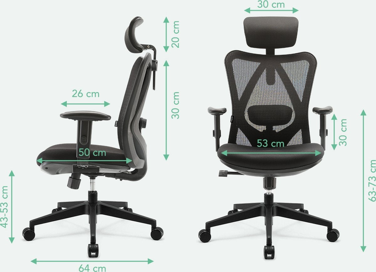 LifeGoods Ergonomische Bureaustoel - Volwassenen - Verstelbaar - Hoofdsteun - Zwart