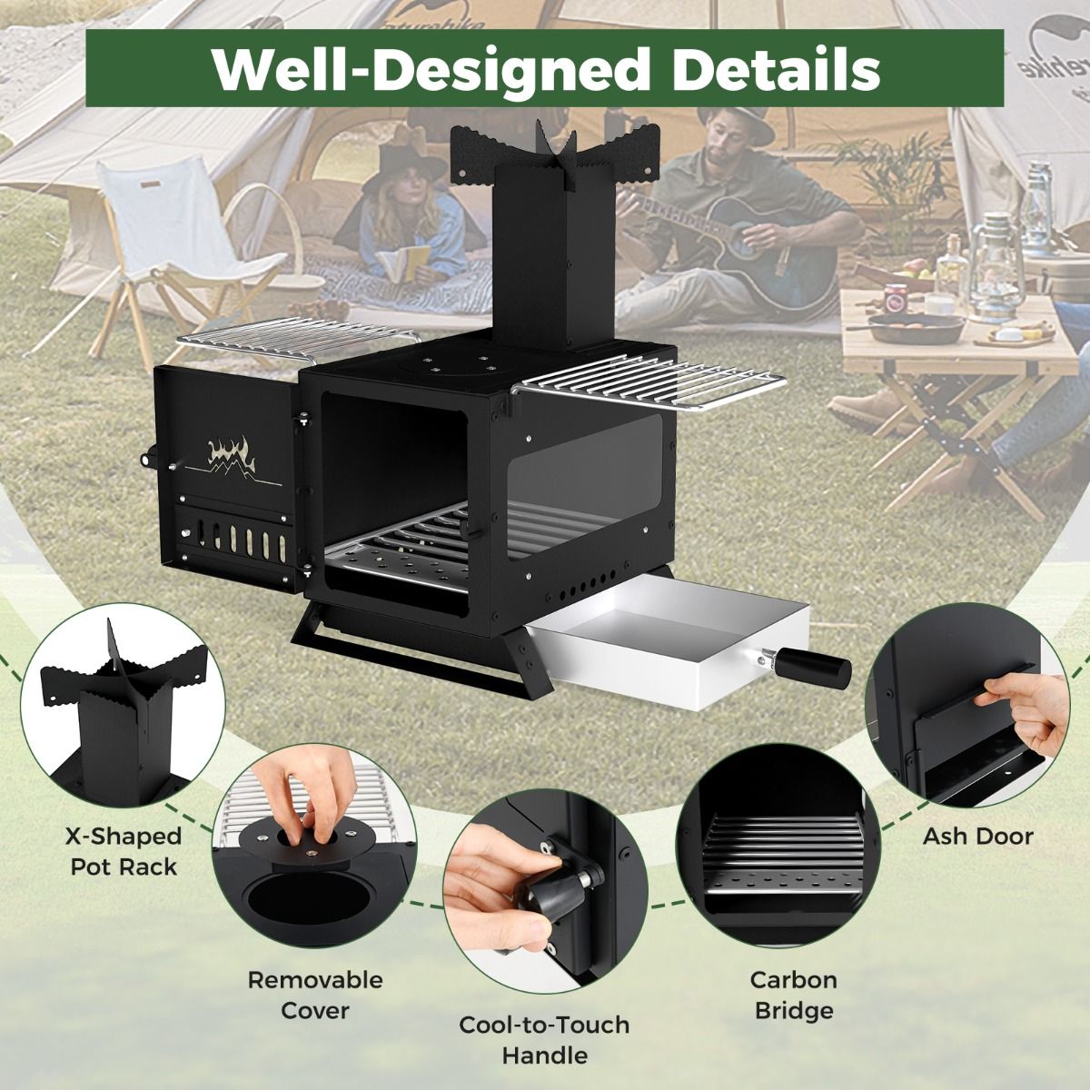 Coast Campingoven - houtgestookte buitenoven - met ovenpan en 2 grillroosters - zwart 54 x 36 x 44 cm