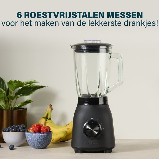 Princess 212092 Black Steel Blender 1000 - 4 Snelheden – Krachtig 1000W - 1.5 L - Glaskan - Ice Crush - Vaatwasmachine bestendig