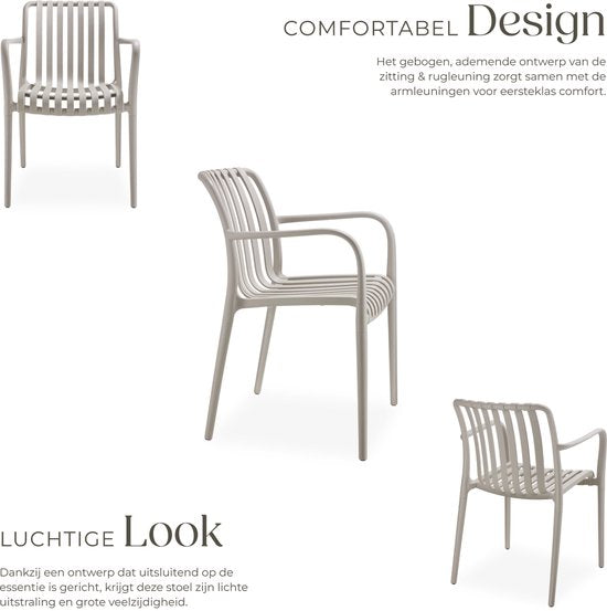tectake® Set van 2 Tuinstoelen Alcudia - Taupe - Kunststof Stoelen met Armleuning - Tuinset voor om de Tuintafel of op de Camping Stapelbaar - Stoelen voor Tuin, Terras of Balkon - Weerbestendig en UV-bestendig - Draagkracht 120kg per Tuinstoel