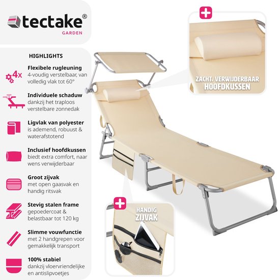 tectake® - ligbed Zonnestoel ligstoel - 4 standen , inklapbaar – beige - 68 x 190 x 28 cm, met zijvak