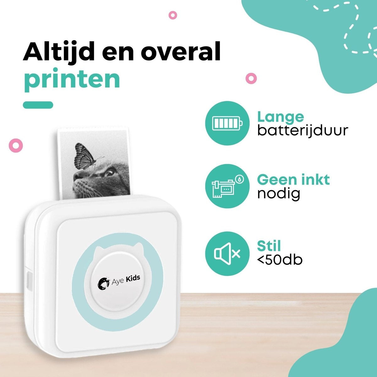 AyeKids Fotoprinter voor Smartphone met Wifi & Bluetooth - Incl. 1 Rol Fotopapier - Draadloze Mini Printer - Wifi Printer - Mobiele Fotoprinter Draadloos - Pocket Printer - Blauw