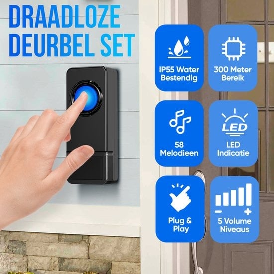 Strex Draadloze Deurbel met 2 Ontvangers Op Batterij - Plug & Play - 300 Meter - 4 Volume / 58 Melodieën - IP55 Waterdicht