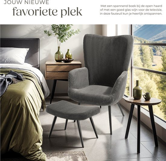 tectake® Oorfauteuil met Hocker – Scandinavische Teddy Bouclé Fauteuil – Lounge- en Woonkamerstoel – Zwart Metalen Poten – Draagvermogen 150kg – Corduroy - Grijs
