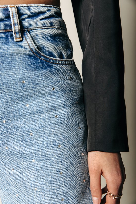 Colourful Rebel Jones - Strass Mid Rise Straight Leg Denim Broek - Blauw - Maat S - Stijlvolle Straight Fit Met Strass Steentjes