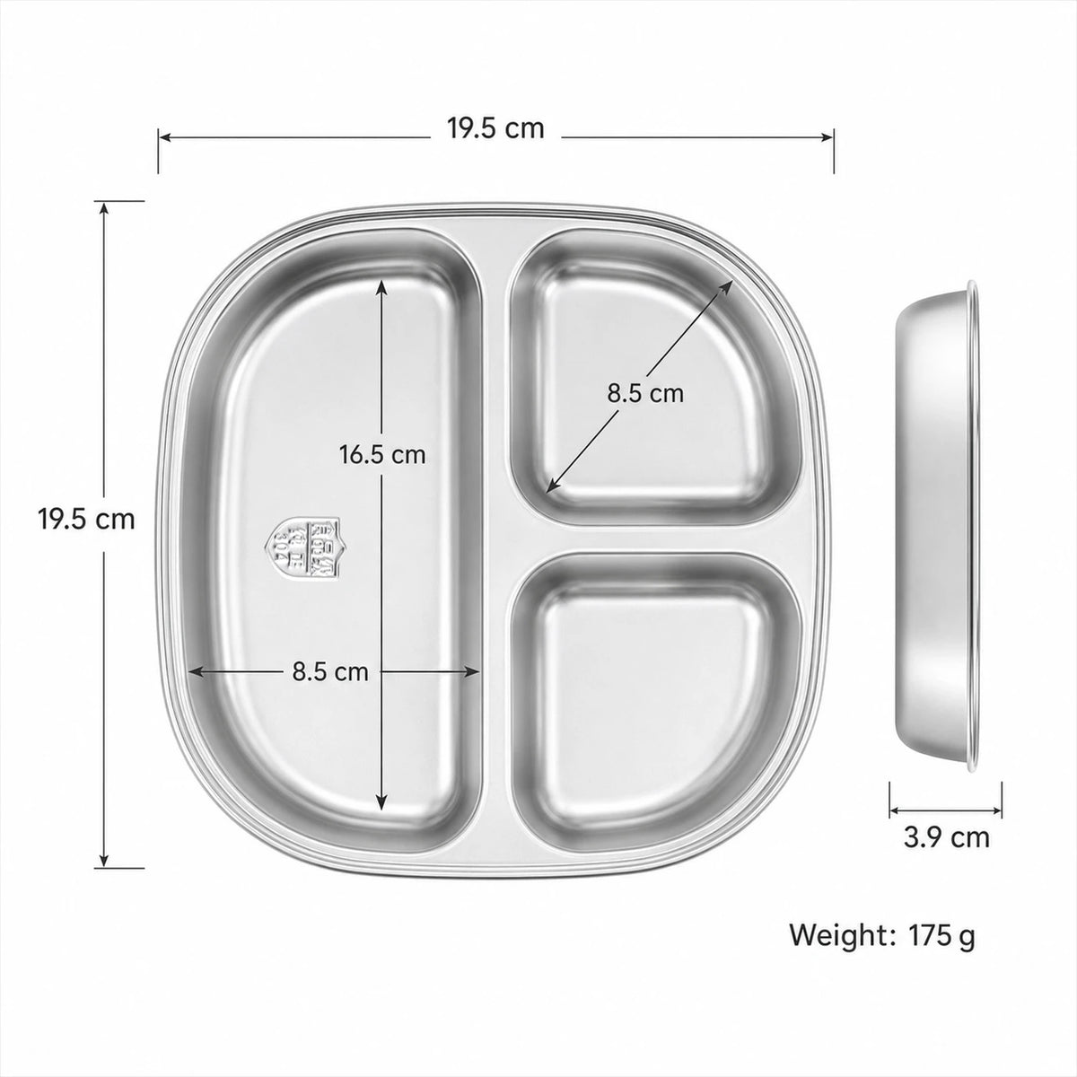 PURE COOK RVS Bord met 3 Vakken - 19,5 x 19,5 x 3,9 cm - Vierkant - 304 RVS