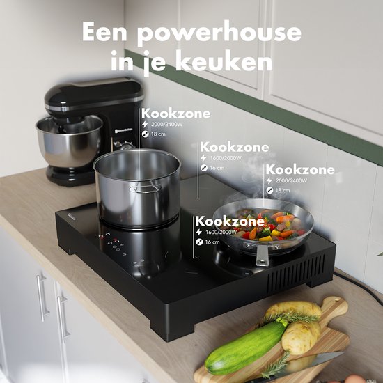KitchenBrothers Inductie Kookplaat - Vrijstaande Inductieplaat - 60 cm - 4 Zones - 1 Fase - Tot 2400W - Zwart