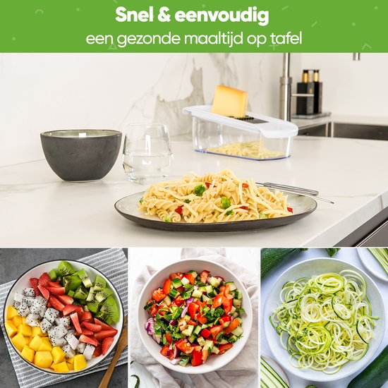 Stosh Mandoline - Groentesnijder - Uiensnijder - Spiraalsnijder - Rasp - 6-delig - Kunststof - BPA vrij - Zwart/Wit