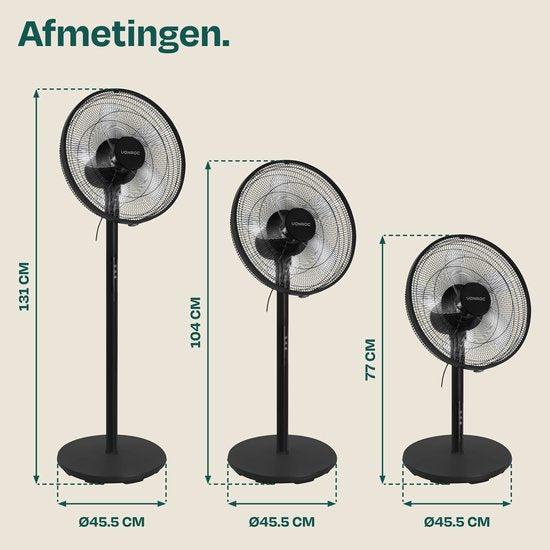 VONROC Vloerventilator - Ø 45,5cm - 3 snelheden – timer - verstelbaar in 3 hoogtes - incl. afstandsbediening - zwart