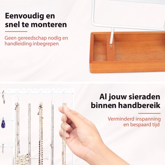 Posity Sieradenrekje – Sieradenhouder – Oorbellenrekje – Juwelen houder – Voor kettingen/armbanden/ringen/Juwelen – Hout & metaal – Wit