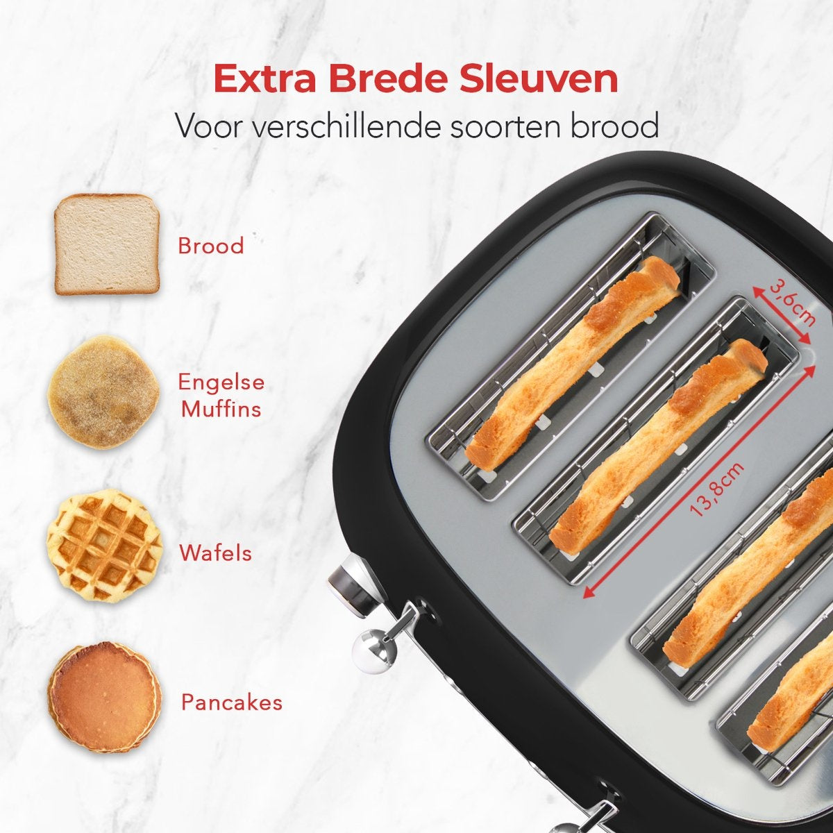 KitchenBrothers Retro Broodrooster - Toaster - 6 Warmteniveaus - 4 Extra Brede Sleuven - 1630W - Zwart
