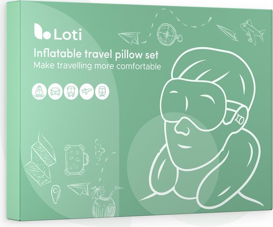 Loti Opblaasbaar Nekkussen set 3 in 1 met Opbergtasje - Vliegtuig Kussen - Reiskussentje - Fluweel - Inclusief slaapmasker en oordoppen – Blauw