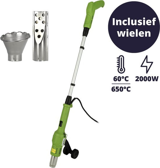 BREND BR-2229 Elektrische Onkruidbrander met Wielen – Onkruidbestrijder met Hitte tot 650 °C – Met Opzetstuk voor BBQ – Milieuvriendelijk – Groen