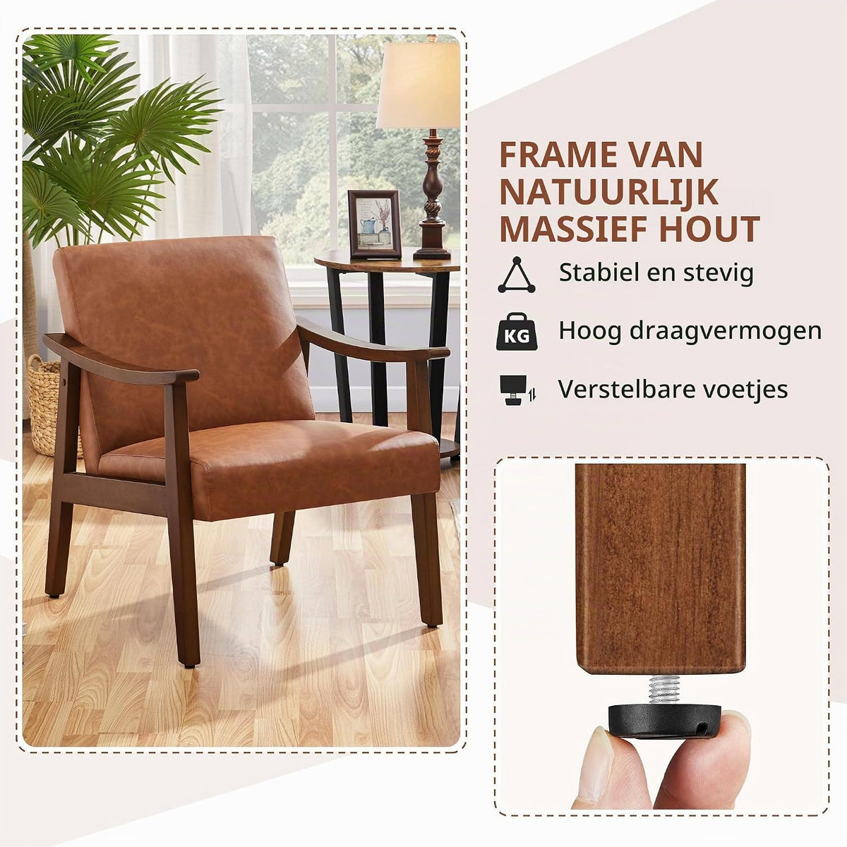 Yaheetech Retro loungestoel 62 × 70 × 74 cm – lichtbruin, rubberhouten armleuningen, draagvermogen 136 kg