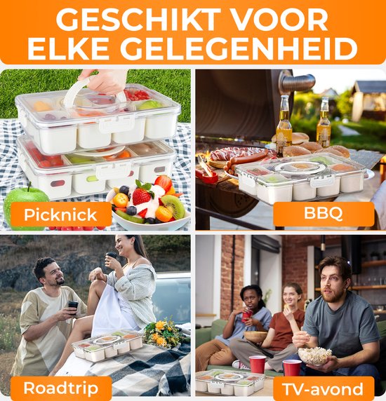 Posity Snackbox - Snackdoos met Vakjes - Met Deksel en Handvat - 8 Vakken - Voor Onderweg - Vershouddoos - Kunststof - Wit