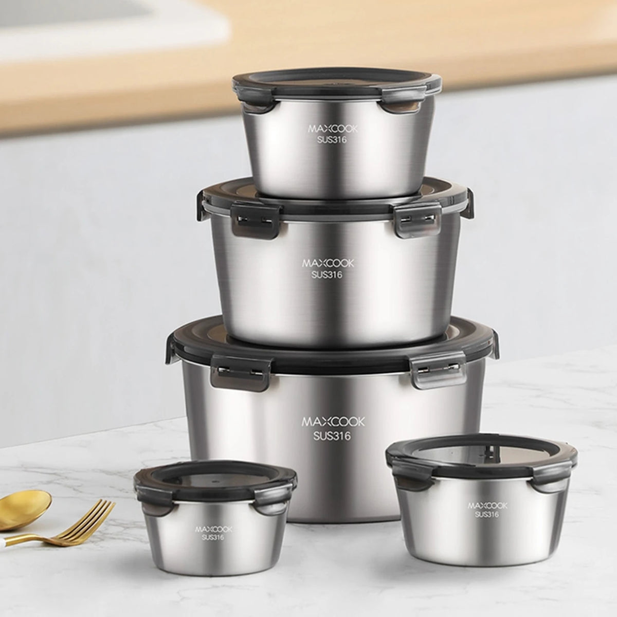 Maxcook Voedselcontainers 3-Delig - 316 RVS - 600/1100/2200 ml - Luchtdicht, Stapelbaar