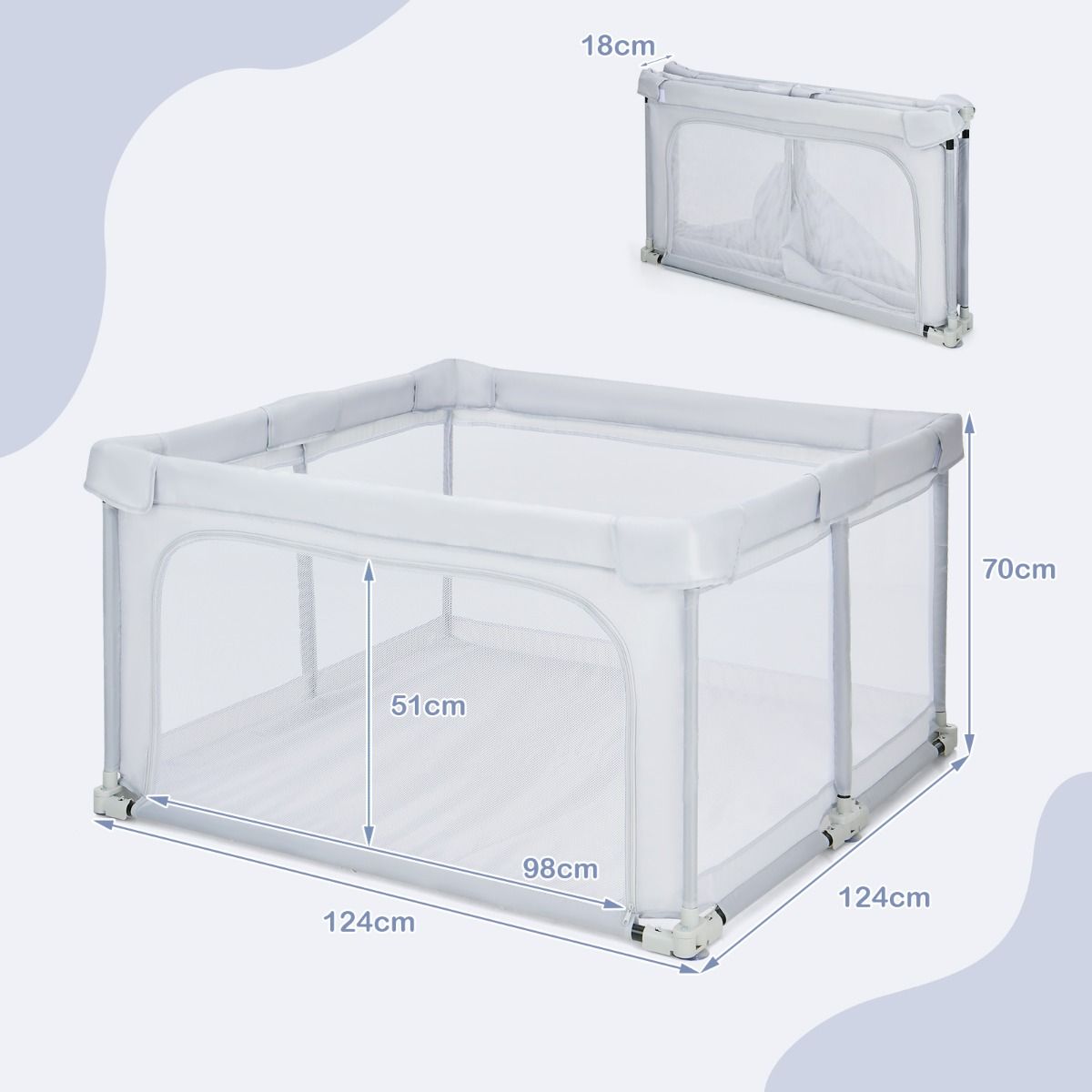 Coast Opvouwbare Babybox 124x124x70 cm Grijs met 50 Oceaanballen en 4 Handgrepen – Oxford Stof, Ademend Gaas